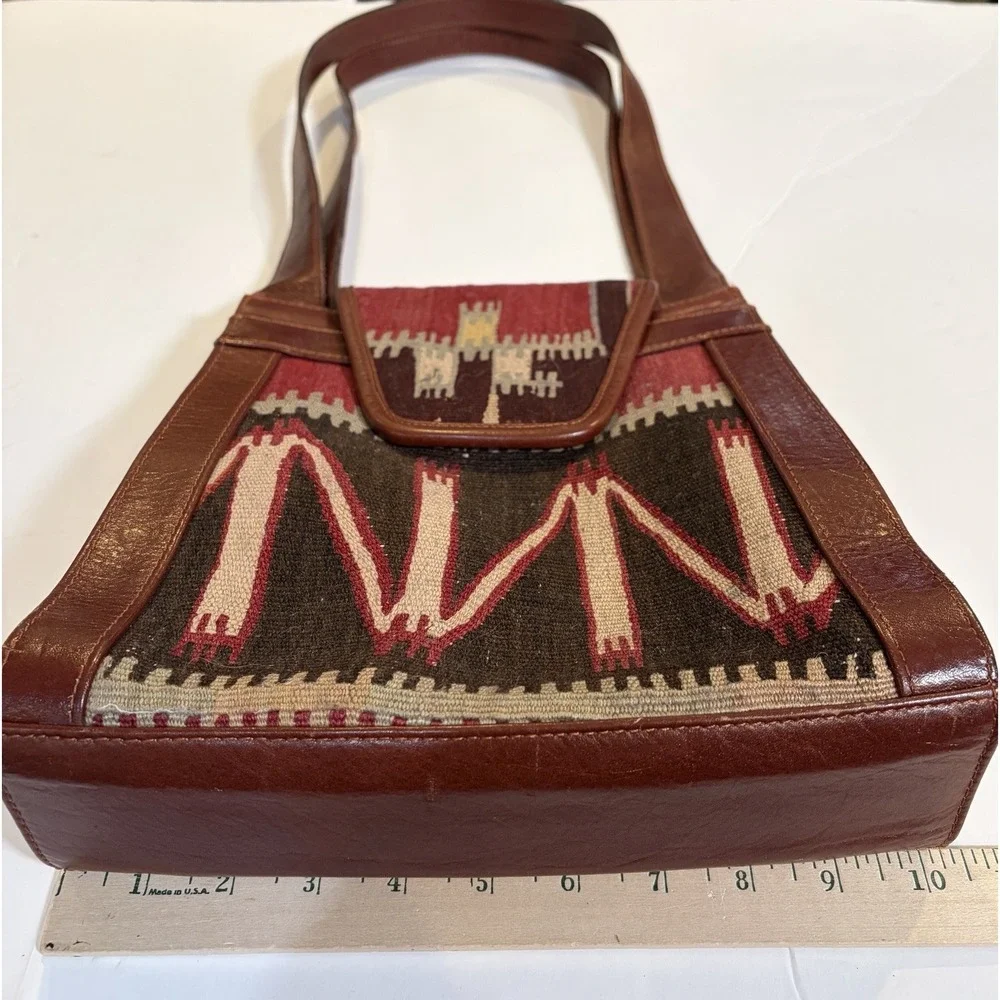 VTG YUN ART Turkish Kilim Wool Rust-Tan Leather Shoulder Bag Purse Boho Hobo